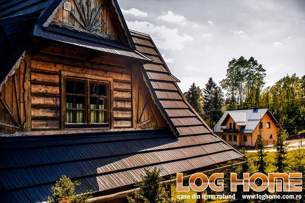 casa din lemn cu acoperis metalic ce imita dranita